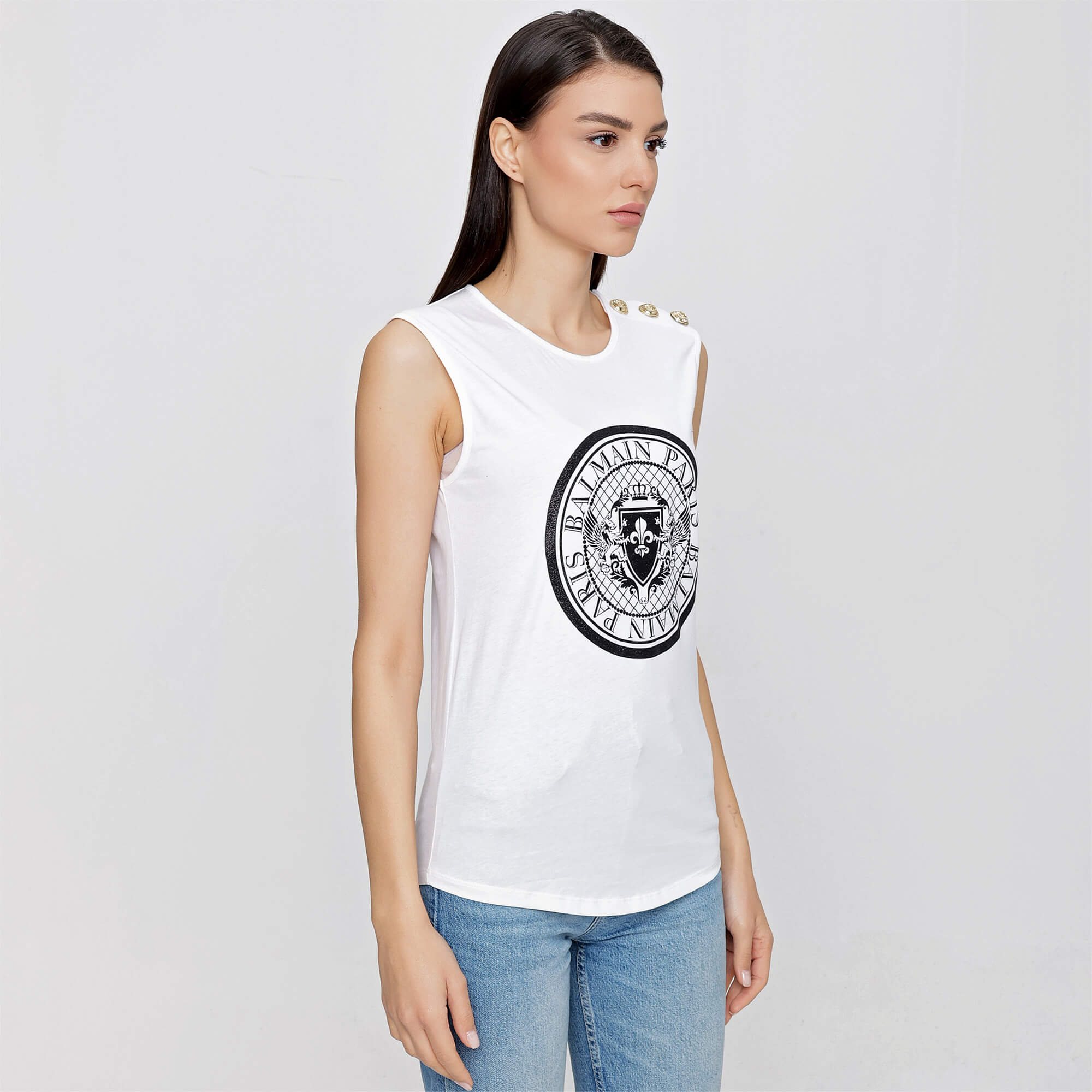 Balmain - White Black Silvery  Iconic Logo & Button Sleeveless